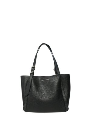 Borsa tote in pelle nera strutturata con tracolla regolabile e logo argento "Ermanno Firenze" sul davanti.