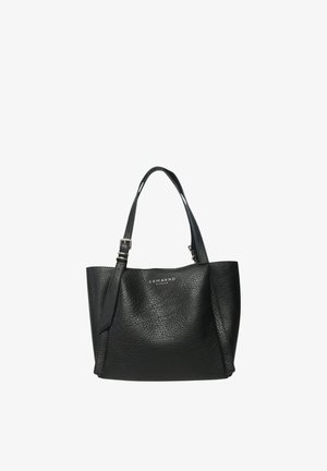 Borsa tote in pelle nera strutturata con tracolla regolabile e logo argento "Ermanno Firenze" sul davanti.