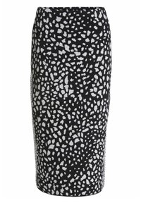 Neulepencilhame mustana valkoisella abstraktilla printillä. Ominaisuuksia on tiukka malli ja teksturoitu kangas. Pituus ulottuu juuri polven yläpuolelle.