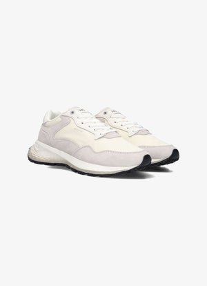 Light gray and white sneaker featuring a combination of suede and smooth materials, round toe, lace-up design, and textured rubber sole.