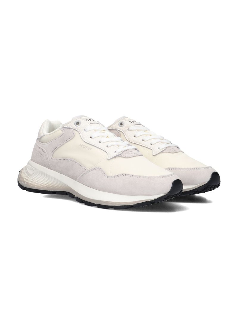 Light gray and white sneaker featuring a combination of suede and smooth materials, round toe, lace-up design, and textured rubber sole.