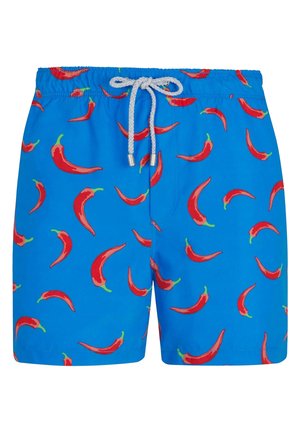 Shorts de bain bleus ornés d'un motif de piments rouges, avec des accents verts et un cordon blanc. Fabriqués en tissu léger et à séchage rapide.