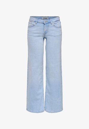 Lichtblauwe jeans met wijde pijpen, hoge taille, voorzijde met knopen en rits, riemlussen en een ontwerp met vijf zakken.