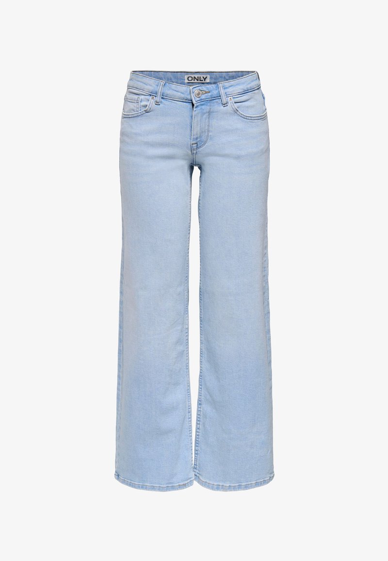 Jean bleu clair taille haute à jambes larges avec boutons et fermeture éclair à l'avant, passants pour ceinture, et design à cinq poches.