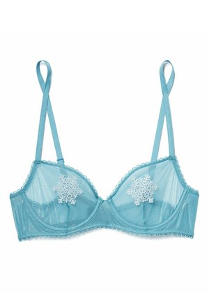 Hellblauer, transparenter BH mit Spitzenbesatz, verstellbaren Trägern und weißen Schneeflocken-Applikationen auf den Cups. Weiche, zarte Textur.