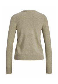 Helle beige Strickjacke mit langen Ärmeln, rundem Ausschnitt, gerippten Bündchen und Saum. Aus weichem Strickstoff, schlichte Textur. Rückansicht gezeigt.