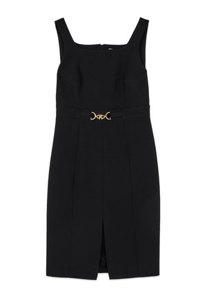 Schwarzes ärmelloses knielanges Kleid mit quadratischem Ausschnitt, tailliertem Schnitt, vorderem Schlitz und goldfarbenem dekorativem Gürtelverschluss.