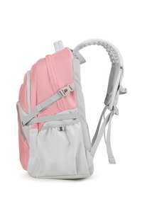 Zaino con una combinazione di colori rosa e grigio. Presenta spalline imbottite, dettagli in rete, fibbie regolabili e più tasche per riporre gli oggetti.