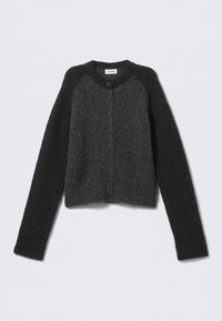 Donkergrijs, cropped cardigan gemaakt van zacht, gestructureerd stof, met een ronde halslijn, lange mouwen en knoopsluiting aan de voorkant.