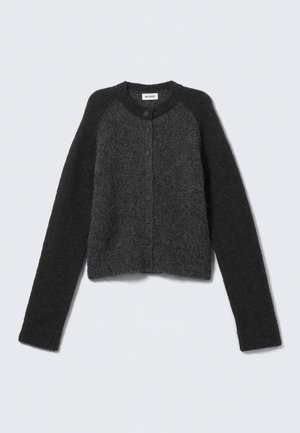 Dark grey cropped cardigan made of soft, textured fabric, featuring a round neckline, long sleeves, and button closure at the front.