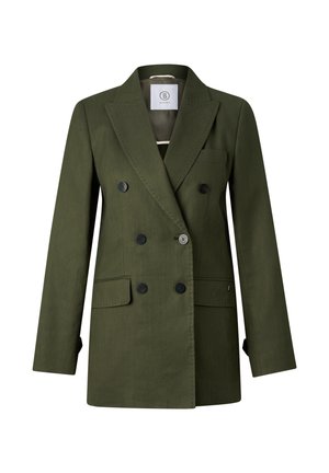 Donkergroene dubbelgeknoopte blazer met zes zwarte knopen, inkeping rever en klepzakken aan de voorkant.