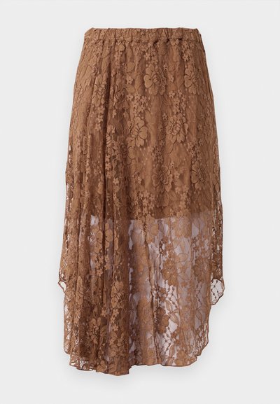 Jupe en dentelle marron avec une taille élastique, motif floral, couche transparente et un design à plusieurs niveaux qui crée une silhouette fluide.