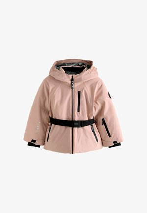 Jachetă impermeabilă roz deschis, cu glugă, fermoar și buzunare laterale, manșoane elastice și o talie neagră cu detalii de branding.