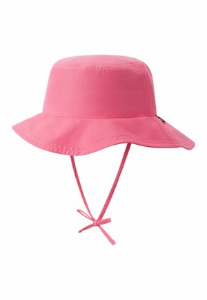 Cappello a tesa larga rosa a secchiello con lacci regolabili da legare sotto il mento a fiocco, realizzato in tessuto morbido.