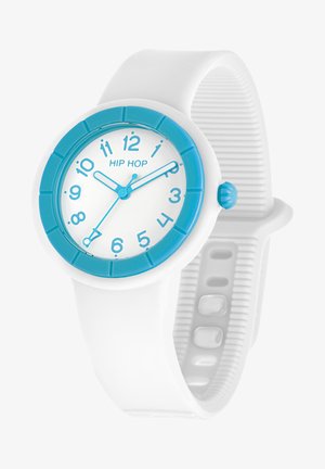 White rubber watch with a blue bezel and hour markers. The face features large numbers, blue hands, and a textured strap.