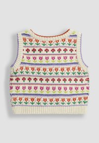 Krämfärgad ärmlös stickad väst med horisontella rader av färgglada blommor och svampmönster i röd, lila, orange och grön.