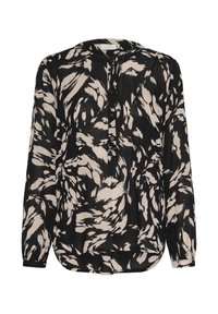 Blouse à motifs floraux noirs et crème avec un col rond, des manches longues et une fermeture par boutons à l'avant. Tissu texturé avec une coupe ample.