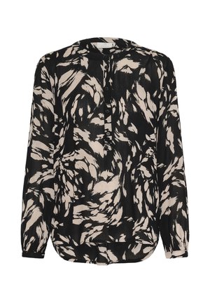 Blouse à motifs floraux noirs et crème avec un col rond, des manches longues et une fermeture par boutons à l'avant. Tissu texturé avec une coupe ample.