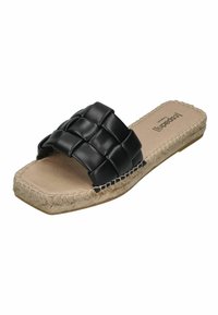 Black woven slide sandal with a jute sole, featuring a flat design and smooth texture. Rounded toe and contrasting stitching on the sole.
