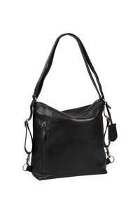 Borsa a spalla in pelle nera con un design morbido, dotata di doppi manici, una tasca con zip frontale e un'etichetta rimovibile. Texture liscia.