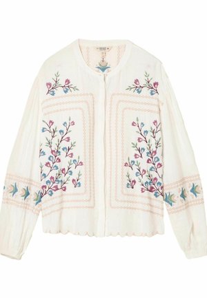 Valge pikkade varrukatega pluus, millel roosa, sinine ja roheline lilleline tikkimine ees, varrukatel ja kaeluse ümber, ümmarguse kaeluse ja lainelise äärega.