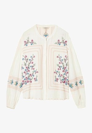 Valge pikkade varrukatega pluus, millel roosa, sinine ja roheline lilleline tikkimine ees, varrukatel ja kaeluse ümber, ümmarguse kaeluse ja lainelise äärega.