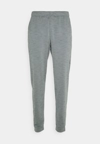 Grå sweatpants med en meleret struktur, elastisk talje og snævre ben. Ingen synlige lommer eller metaldele. Blødt, let materiale.