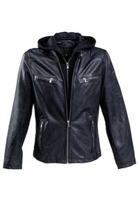 Zwarte leren jas met capuchon, voorzien van twee borstzakken en twee zijzakken met rits. Soepele textuur en slank ontwerp met zilveren hardware accenten.