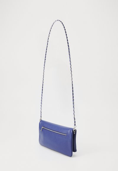 Blue leather crossbody bag with a long chain strap, featuring a zip pocket on the front and a smooth texture. Slim rectangular shape.