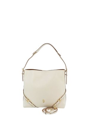 Sac à épaule en cuir crème avec quincaillerie dorée, poignée supérieure unique et bandoulière ajustable détachable.