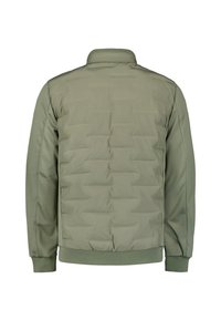 Gevoerde bomberjack in olijfgroen, met een gestructureerd quiltpatroon, geribbelde manchetten en kraag voor extra comfort en designdetails.