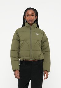 Giacca puffa verde oliva con colletto alto, zip frontale e due tasche laterali. Presenta una texture trapuntata e un logo vicino alla zip.