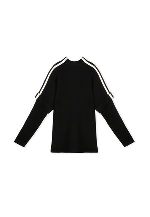 Sort sweater med lange ærmer og rund halsudskæring, der har hvide striber langs skuldrene. Glat tekstur, enkelt design.