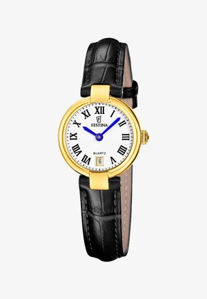 Reloj de pulsera redondo dorado con esfera blanca, números romanos negros, agujas azules, ventana de fecha y correa de cuero negra.