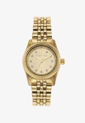 Goldene Michael Kors Armbanduhr mit Metallgliederband, rundem Zifferblatt, römischer Zahl XII und Kristallstundemarkierungen, die 10:10:35 anzeigt.