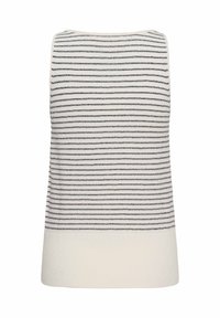 Haut blanc sans manches avec fines rayures noires horizontales et un large ourlet blanc uni en bas.