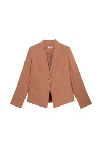 Blazer beige con colletto a punta, chiusura con un bottone dorato, due tasche frontali e maniche lunghe. Tessuto liscio con vestibilità su misura.