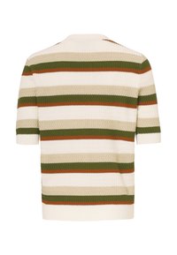 Korte mouwen gebreide trui met horizontale strepen in crème, groen, beige en roest, met een textuurpatroon en geribde zoom.