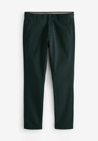 Dunkelgrüne Hose aus glattem Stoff, mit seitlichen Taschen, einem Knopfverschluss und einem geraden Bein-Design mit einem sauberen Saum.