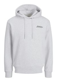 Felpa con cappuccio grigio chiaro realizzata in tessuto misto cotone. Presenta una tasca a marsupio, cordini e un piccolo logo sul petto.