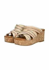 Wedge-sandalen met een kurken basis en gestreepte textielriemen in tinten van roze, wit en bruin in een kruisdesign.