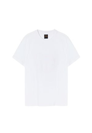 Hvid bomulds t-shirt med rund hals, korte ærmer og et diskret bjørnegraphic i en lys farve foran.