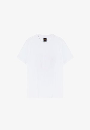 Witte katoenen t-shirt met een ronde hals, korte mouwen en een subtiele berenafbeelding in een lichte kleur op de voorkant.