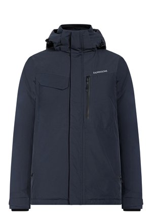 Veste bleu marine, longueur genou, avec un col haut, plusieurs poches, fermeture éclair à l'avant et capuche ajustable. Fabriquée en matériau résistant aux intempéries.