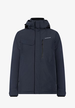 Veste bleu marine, longueur genou, avec un col haut, plusieurs poches, fermeture éclair à l'avant et capuche ajustable. Fabriquée en matériau résistant aux intempéries.