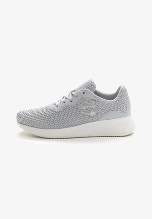 Light gray athletic shoe with a textured knit upper, lace-up design, padded collar, and white rubber sole. Accented logo visible on the side.