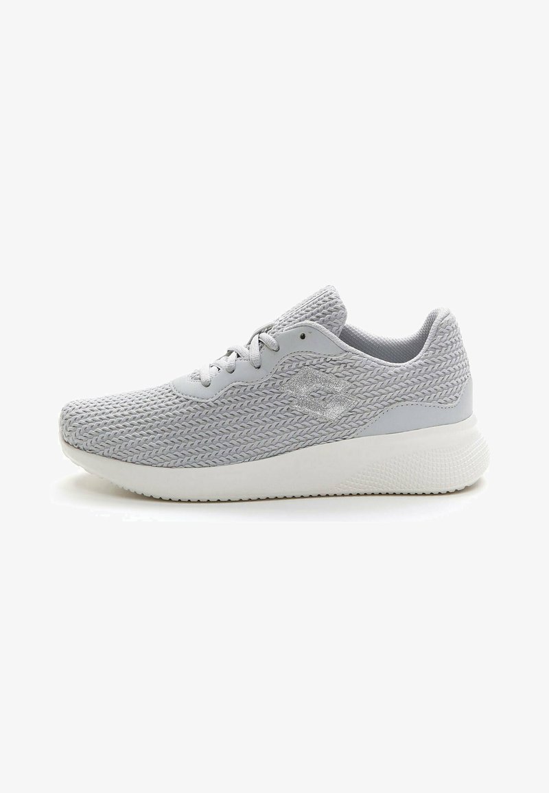 Light gray athletic shoe with a textured knit upper, lace-up design, padded collar, and white rubber sole. Accented logo visible on the side.