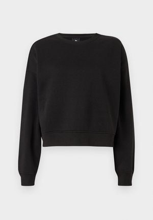 Svart kort sweatshirt med lange ermer, rund hals og ribbestrikkede mansjetter. Laget av mykt stoff med en glatt tekstur. Ingen mønstre eller utstyr.