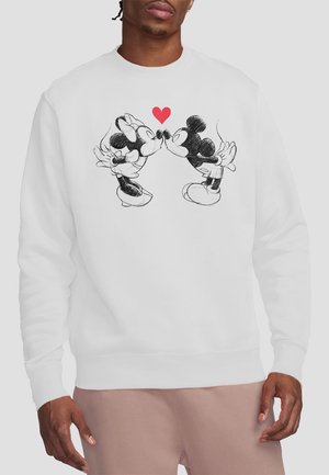 White sweatshirt featuring a black and white illustration of two cartoon mice kissing, with a red heart between them. Smooth texture.