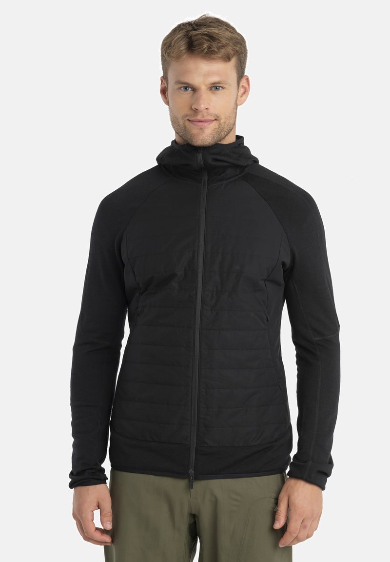 Black insulated zip-up jacket with a hood, featuring a smooth body and textured arms. Lightweight material and a slim fit design.